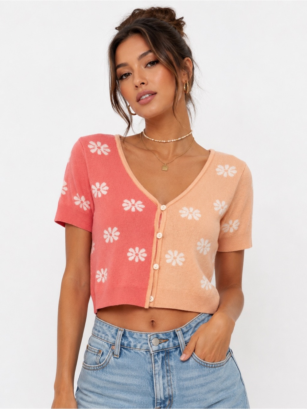 Baevely Colorblock Daisy Knit Cropped Cardigan Pink Peach Short Sleeve Sz S